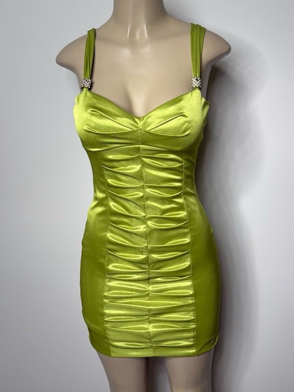 Love Tease Lime Satin Ruched Mini Dress